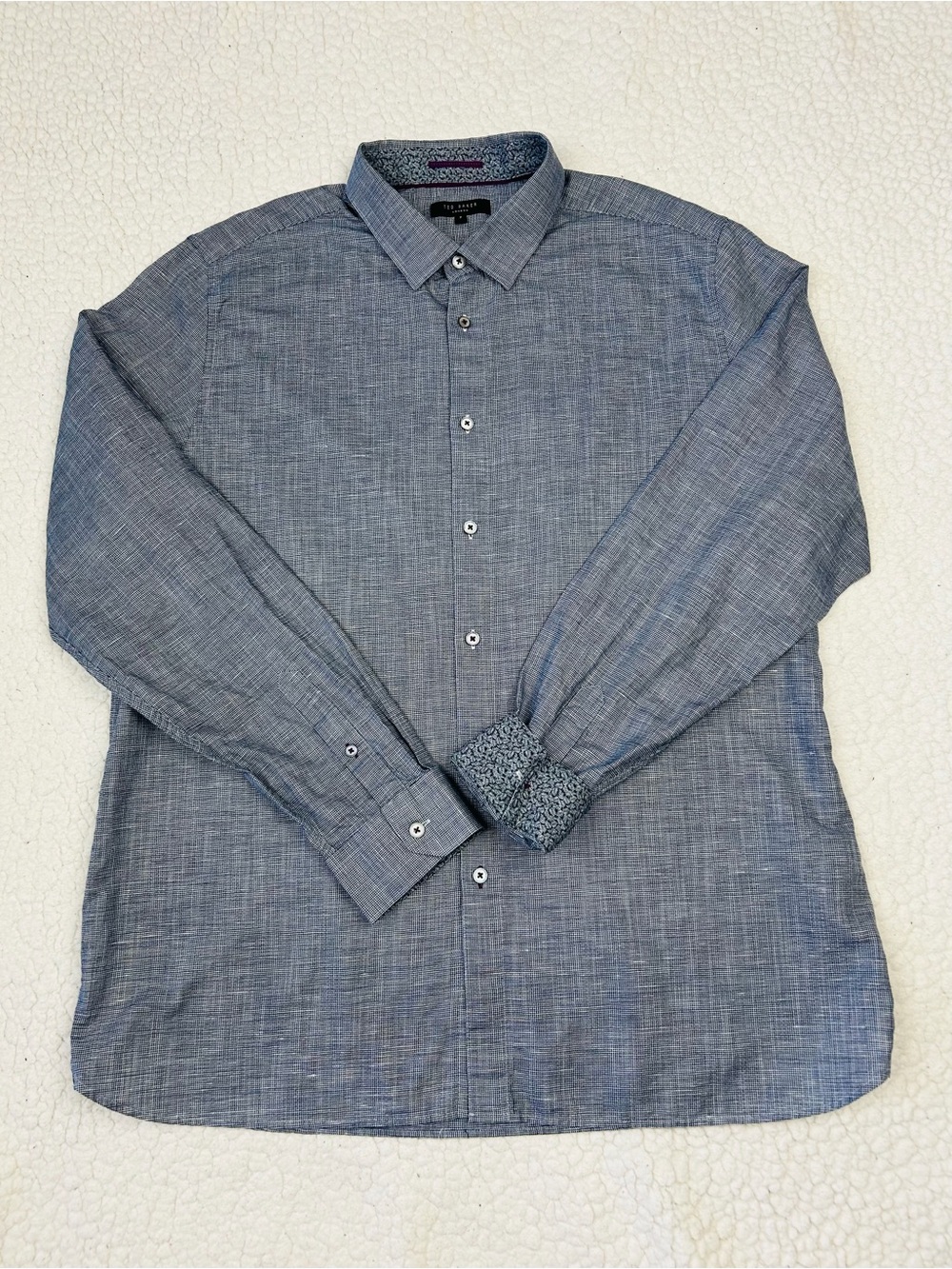 Ted Baker London Button Down Shirt Men's 7/XL Black White Flip Cuff Linen Blend